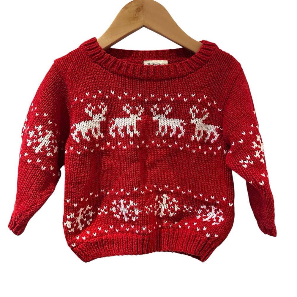 Rebecca Raggs Holiday Reindeer Sweater Red‎ White 100% Cotton Size 2T